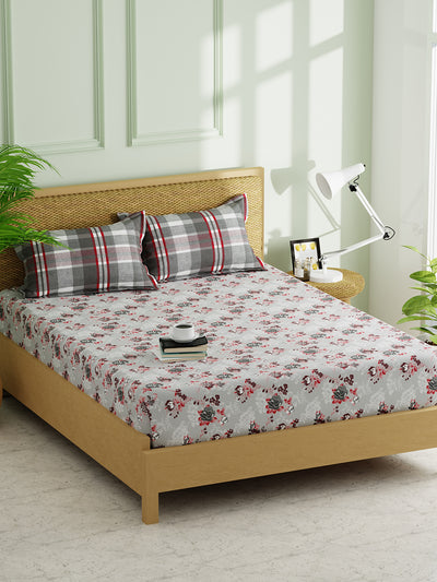 Extra Smooth Micro Double Bedsheet With 2 Pillow Covers <small> (floral-grey/red)</small>