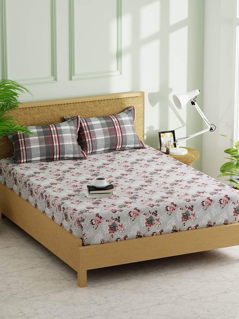 Extra Smooth Micro Double Bedsheet With 2 Pillow Covers <small> (floral-grey/red)</small>