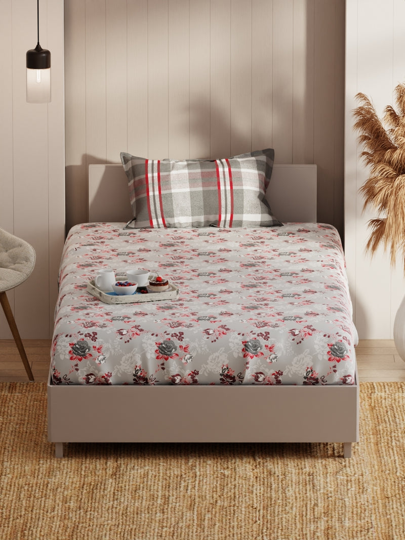 Extra Smooth Micro Single Bedsheet With 1 Pillow Covers <small> (floral-grey/red)</small>