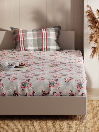 Extra Smooth Micro Single Bedsheet With 1 Pillow Covers <small> (floral-grey/red)</small>