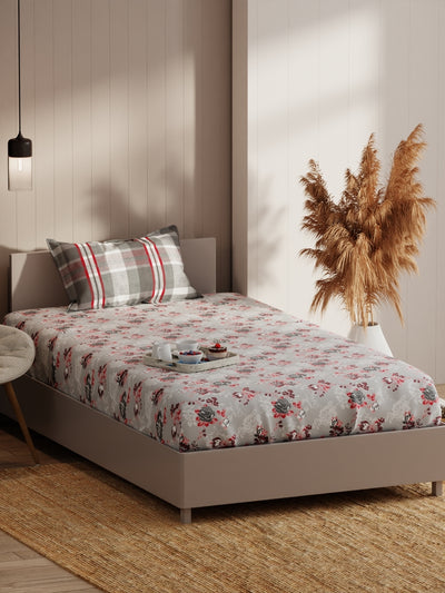 Extra Smooth Micro Single Bedsheet With 1 Pillow Covers <small> (floral-grey/red)</small>