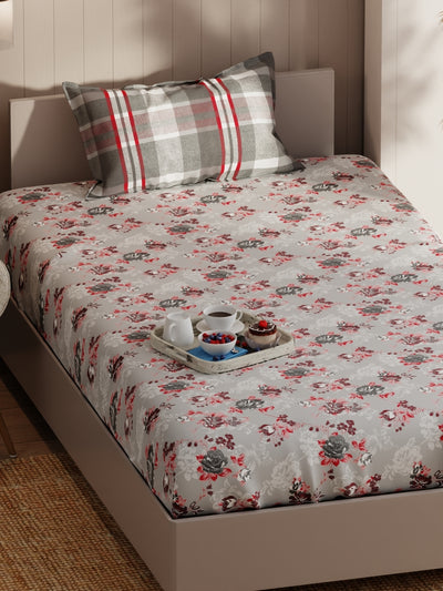 Extra Smooth Micro Single Bedsheet With 1 Pillow Covers <small> (floral-grey/red)</small>