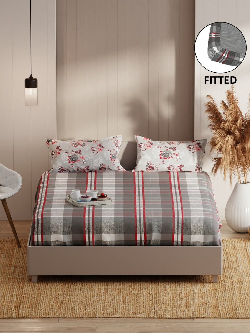 Extra Smooth Micro Fitted Double Bedsheet With 2 Pillow Covers <small> (checks-red/grey)</small>