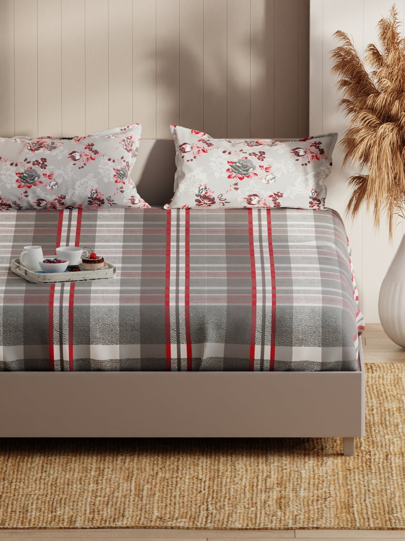 Extra Smooth Micro Fitted Double Bedsheet With 2 Pillow Covers <small> (checks-red/grey)</small>