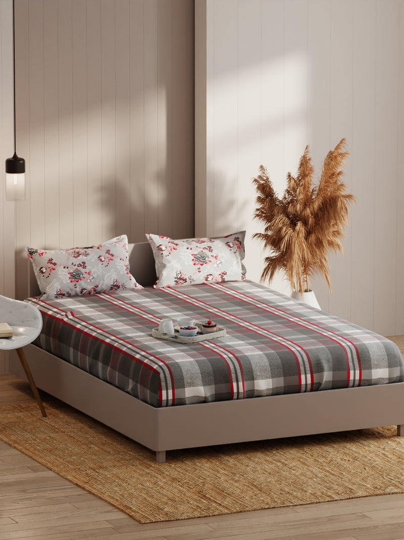 Extra Smooth Micro Fitted Double Bedsheet With 2 Pillow Covers <small> (checks-red/grey)</small>