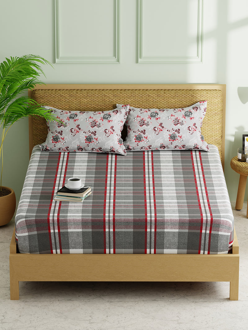 Extra Smooth Micro Double Bedsheet With 2 Pillow Covers <small> (checks-red/grey)</small>