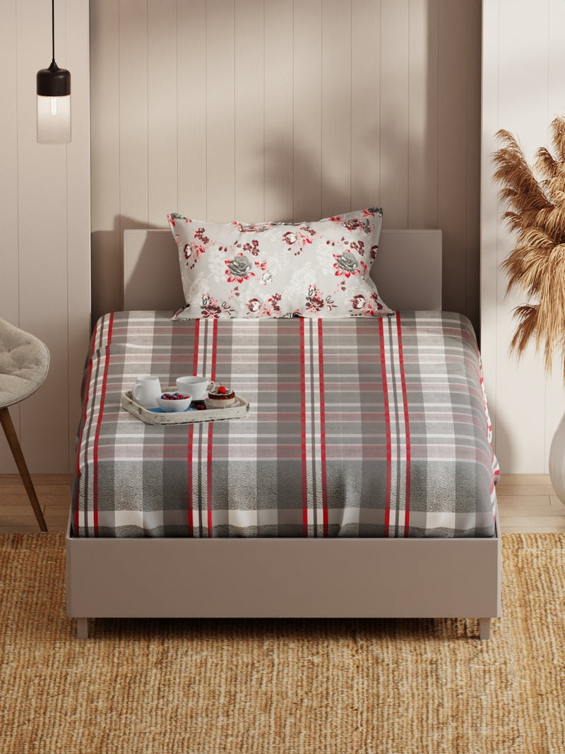 Extra Smooth Micro Single Bedsheet With 1 Pillow Covers <small> (checks-red/grey)</small>