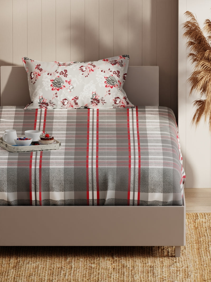 Extra Smooth Micro Single Bedsheet With 1 Pillow Covers <small> (checks-red/grey)</small>