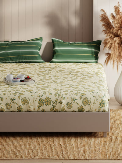 Extra Smooth Micro Fitted Double Bedsheet With 2 Pillow Covers <small> (floral-yellow/green)</small>