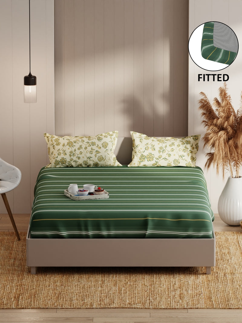 Extra Smooth Micro Fitted Double Bedsheet With 2 Pillow Covers <small> (stripe-green/yellow)</small>