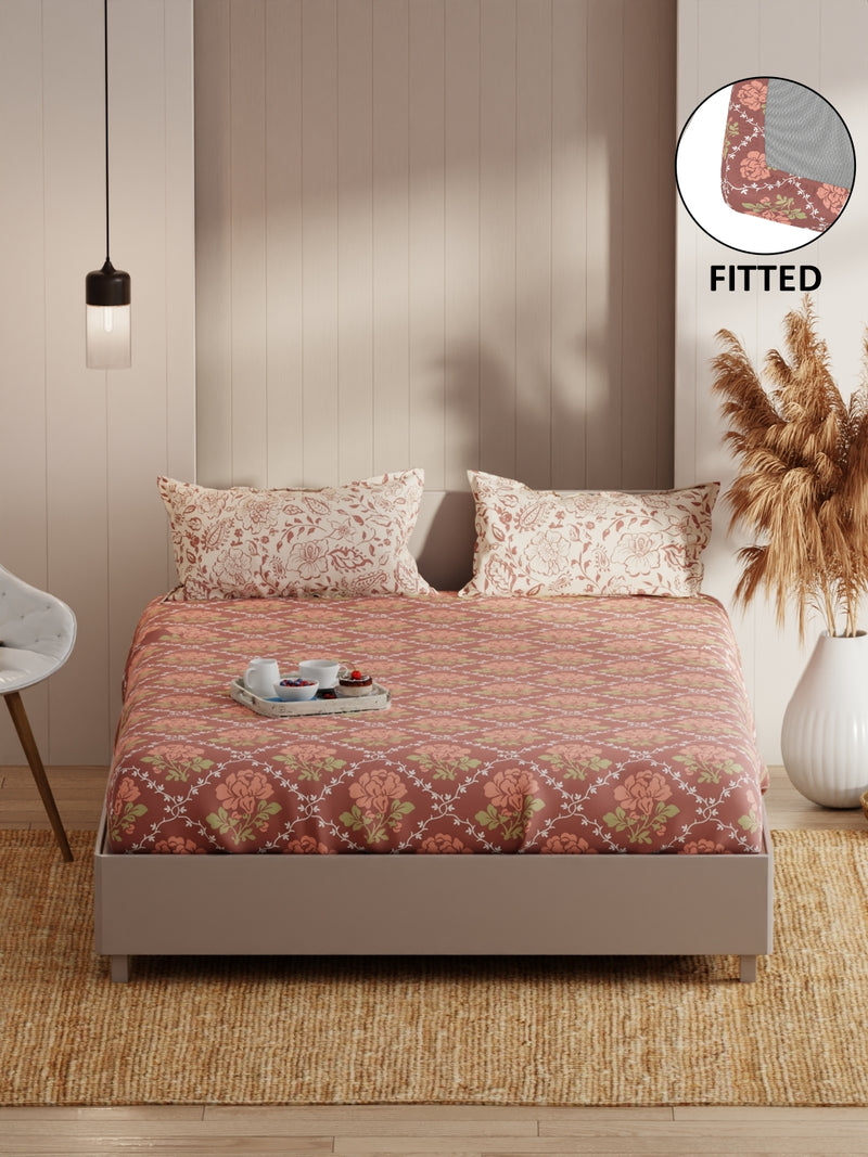 Extra Smooth Micro Fitted Double Bedsheet With 2 Pillow Covers <small> (floral-brown/brick)</small>