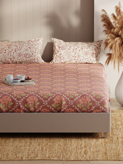 Extra Smooth Micro Fitted Double Bedsheet With 2 Pillow Covers <small> (floral-brown/brick)</small>