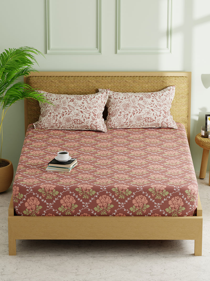 Extra Smooth Micro Double Bedsheet With 2 Pillow Covers <small> (floral-brown/brick)</small>