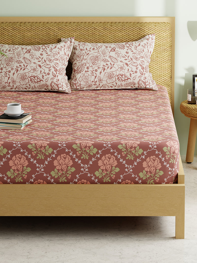 Extra Smooth Micro Double Bedsheet With 2 Pillow Covers <small> (floral-brown/brick)</small>