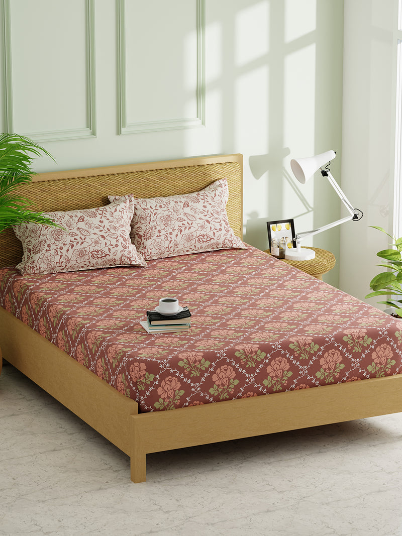 Extra Smooth Micro Double Bedsheet With 2 Pillow Covers <small> (floral-brown/brick)</small>