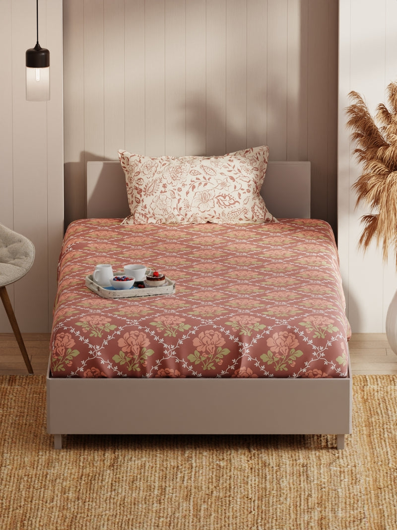 Extra Smooth Micro Single Bedsheet With 1 Pillow Covers <small> (floral-brown/brick)</small>