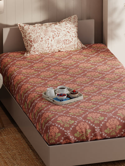 Extra Smooth Micro Single Bedsheet With 1 Pillow Covers <small> (floral-brown/brick)</small>