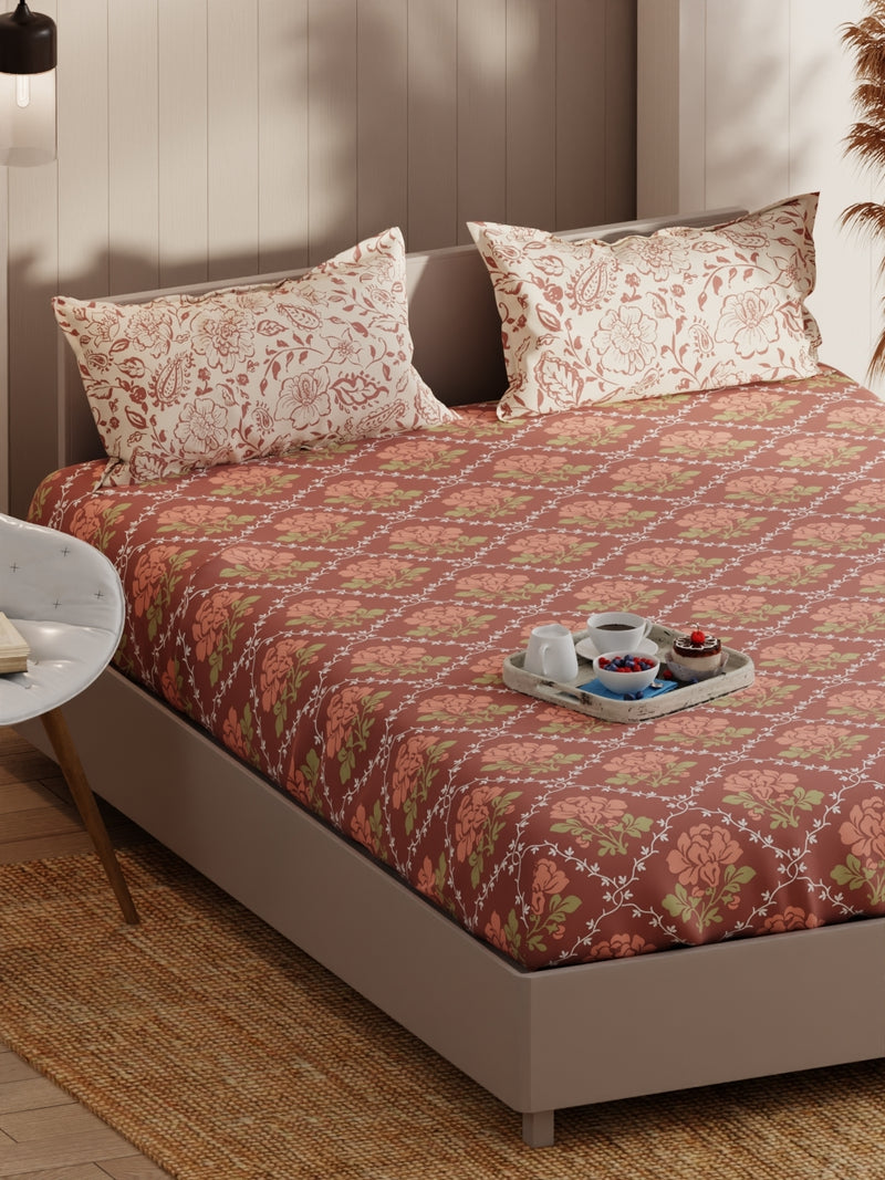 Extra Smooth Micro Double Bedsheet With 2 Pillow Covers <small> (floral-brown/brick)</small>
