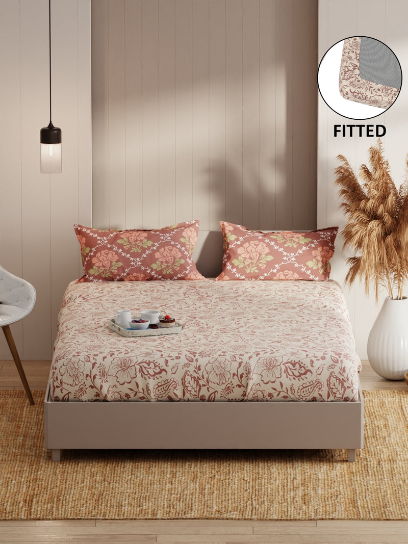 Extra Smooth Micro Fitted Double Bedsheet With 2 Pillow Covers <small> (floral-beige/brown)</small>