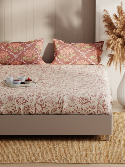 Extra Smooth Micro Fitted Double Bedsheet With 2 Pillow Covers <small> (floral-beige/brown)</small>