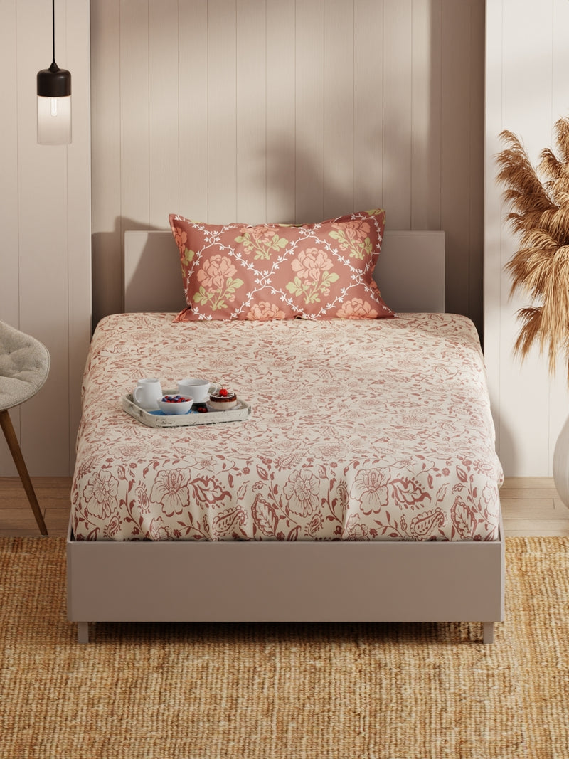 Extra Smooth Micro Single Bedsheet With 1 Pillow Covers <small> (floral-beige/brown)</small>