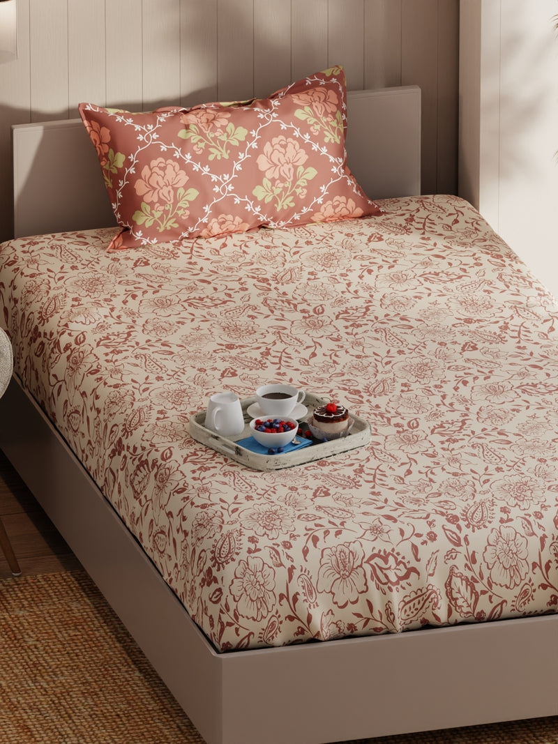 Extra Smooth Micro Single Bedsheet With 1 Pillow Covers <small> (floral-beige/brown)</small>