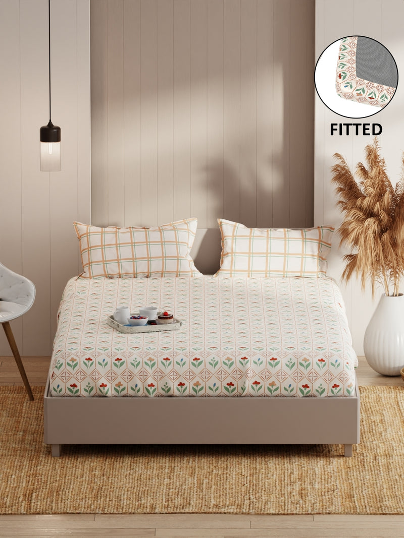 Extra Smooth Micro Fitted Double Bedsheet With 2 Pillow Covers <small> (floral-beige/sand)</small>