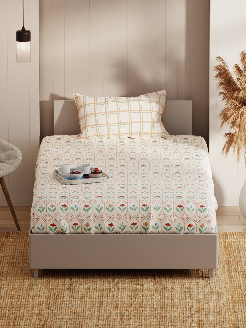 Extra Smooth Micro Single Bedsheet With 1 Pillow Covers <small> (floral-beige/sand)</small>