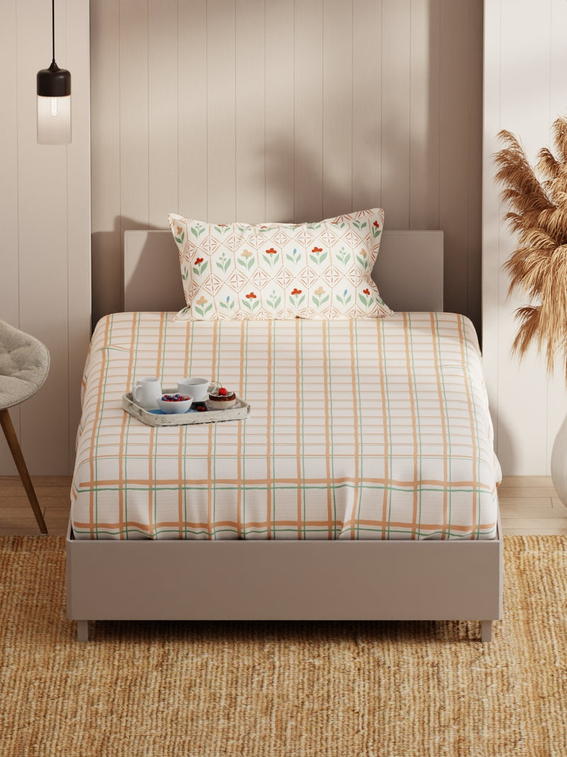 Extra Smooth Micro Single Bedsheet With 1 Pillow Covers <small> (checks-sand/beige)</small>