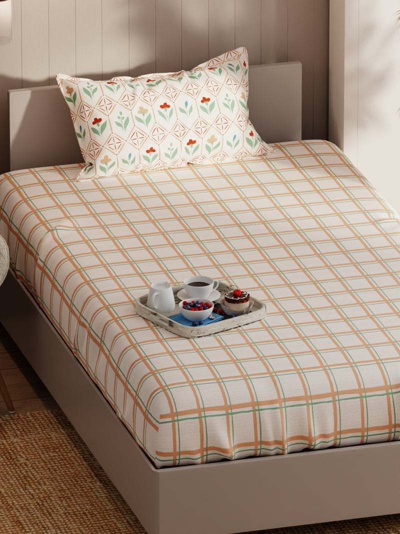 Extra Smooth Micro Single Bedsheet With 1 Pillow Covers <small> (checks-sand/beige)</small>