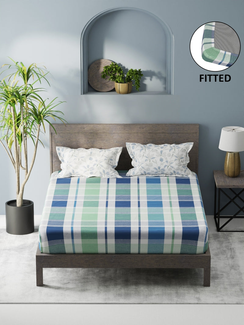 Bamboo Micro Fitted King Bedsheet With 2 Pillow Covers <small> (checks-mint/blue)</small>