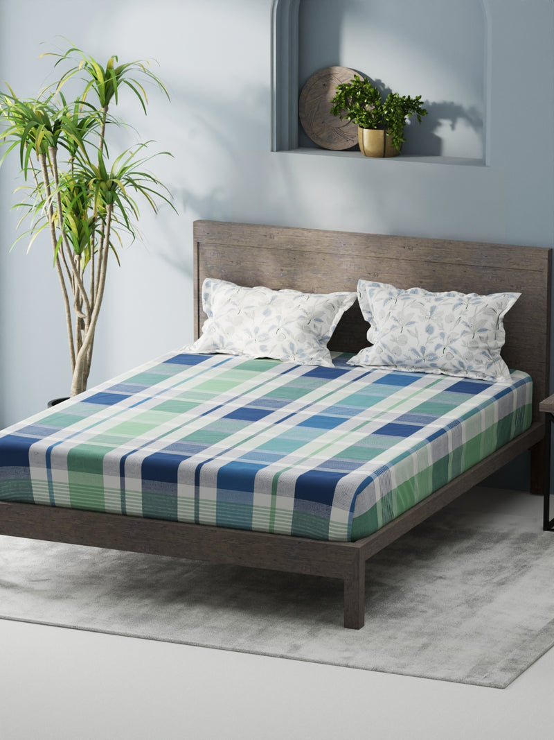 Bamboo Micro Fitted King Bedsheet With 2 Pillow Covers <small> (checks-mint/blue)</small>