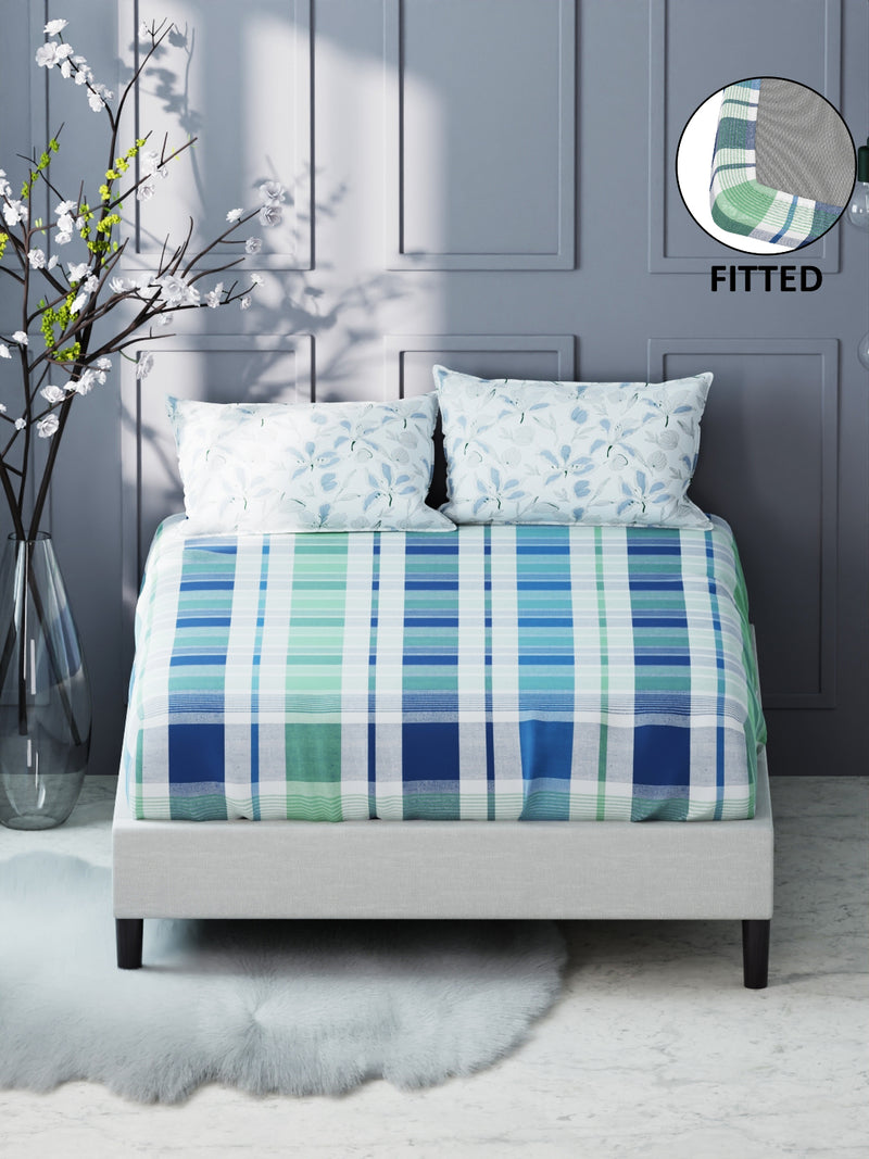 Bamboo Micro King Bedsheet With 2 Pillow Covers <small> (checks-mint/blue)</small>