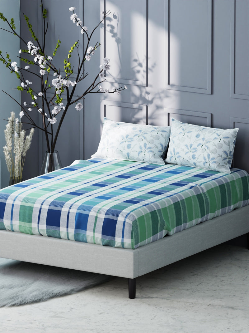 Bamboo Micro King Bedsheet With 2 Pillow Covers <small> (checks-mint/blue)</small>