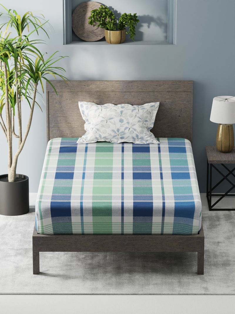 Bamboo Micro Single Bedsheet With 1 Pillow Covers <small> (checks-mint/blue)</small>