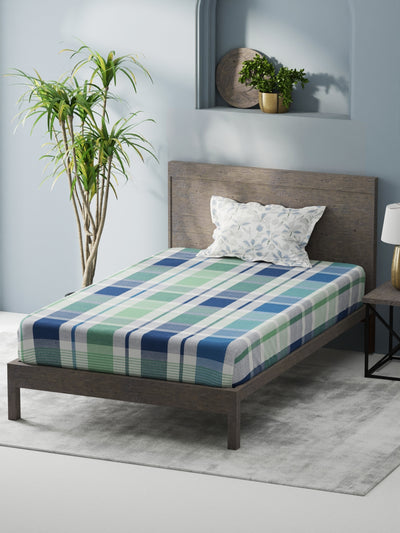 Bamboo Micro Single Bedsheet With 1 Pillow Covers <small> (checks-mint/blue)</small>