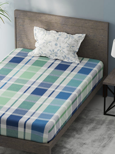 Bamboo Micro Single Bedsheet With 1 Pillow Covers <small> (checks-mint/blue)</small>