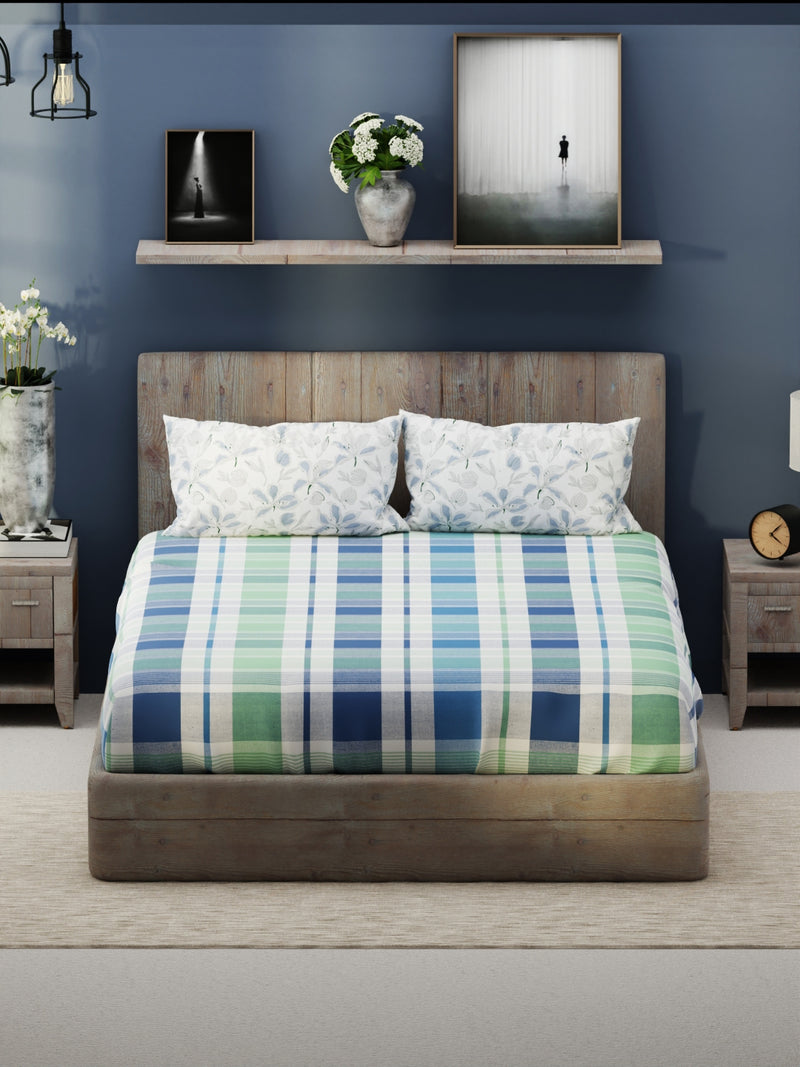 Bamboo Micro King Bedsheet With 2 Pillow Covers <small> (checks-mint/blue)</small>