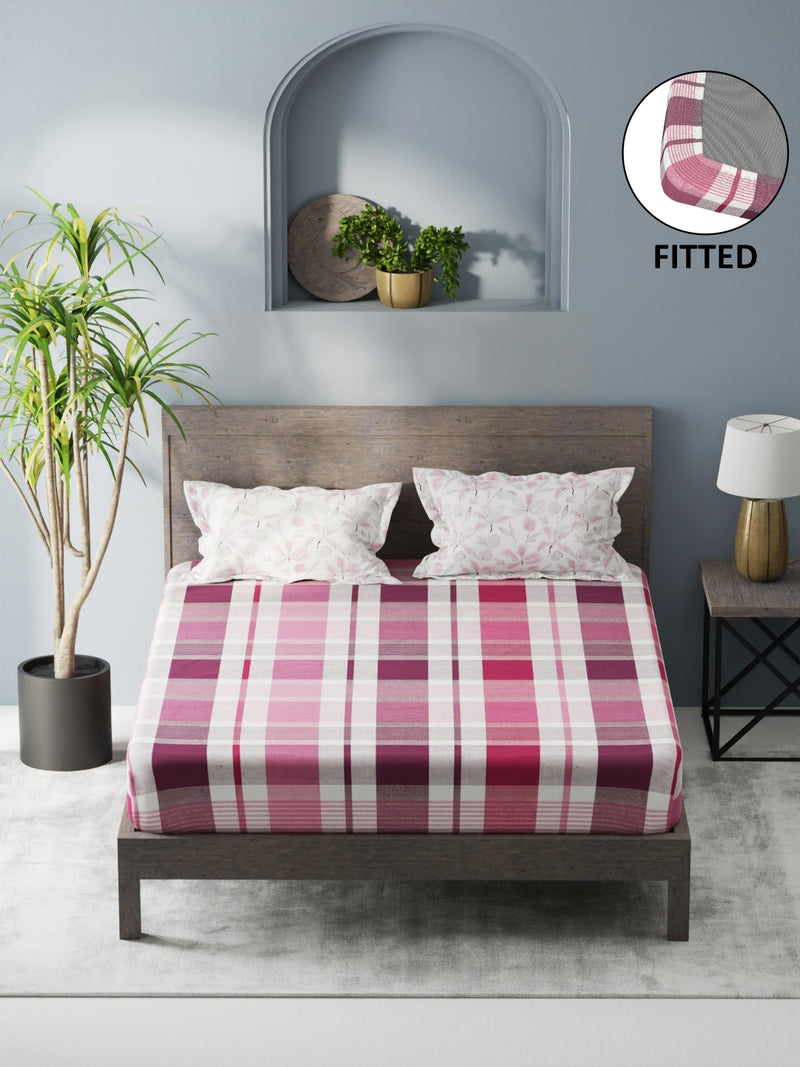 Bamboo Micro Fitted King Bedsheet With 2 Pillow Covers <small> (checks-pink/grape)</small>