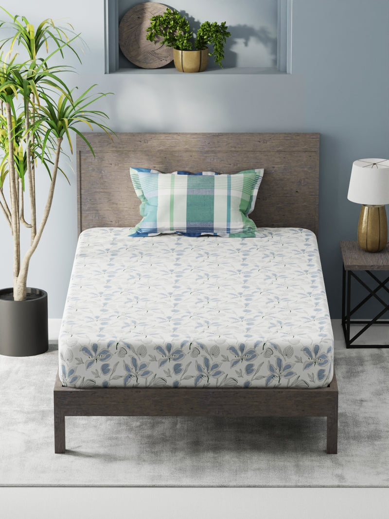 Bamboo Micro Single Bedsheet With 1 Pillow Covers <small> (floral-white/blue)</small>