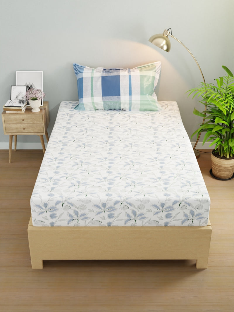 Extra Smooth Micro Single Bedsheet With 1 Pillow Cover <small> (floral-white/blue)</small>