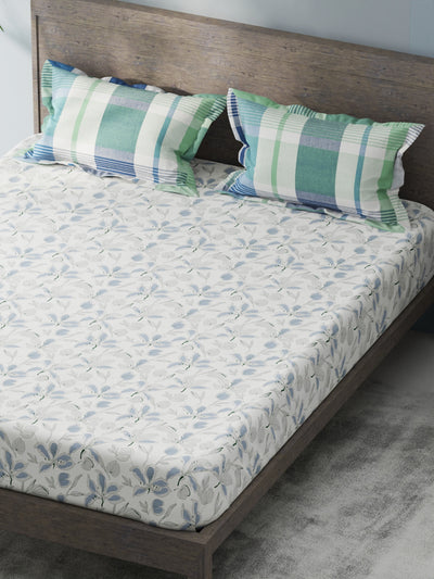 Bamboo Micro King Bedsheet With 2 Pillow Covers <small> (floral-white/blue)</small>