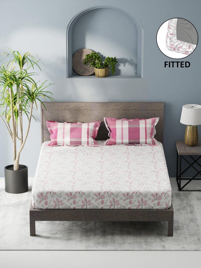 Bamboo Micro Fitted King Bedsheet With 2 Pillow Covers <small> (floral-white/pink)</small>