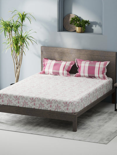 Bamboo Micro Fitted King Bedsheet With 2 Pillow Covers <small> (floral-white/pink)</small>