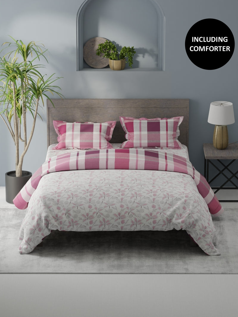 Extra Smooth Double Comforter With 1 Double Bedsheet 2 Pillow Covers, For Ac Room <small> (floral-white/pink)</small>