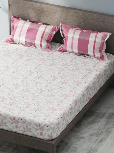 Extra Smooth Double Comforter With 1 Double Bedsheet 2 Pillow Covers, For Ac Room <small> (floral-white/pink)</small>