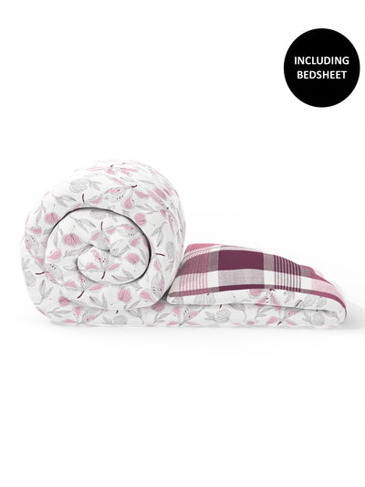 Extra Smooth Double Comforter With 1 Double Bedsheet 2 Pillow Covers, For Ac Room <small> (floral-white/pink)</small>