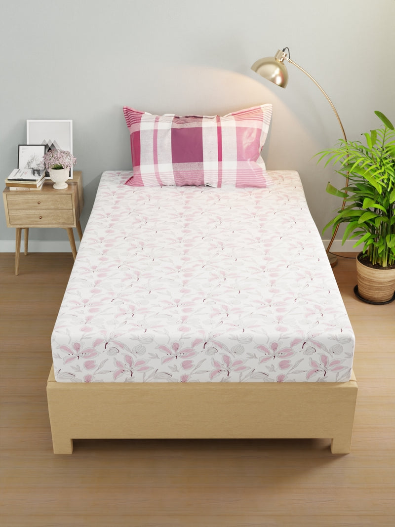 Extra Smooth Micro Single Bedsheet With 1 Pillow Cover <small> (floral-white/pink)</small>