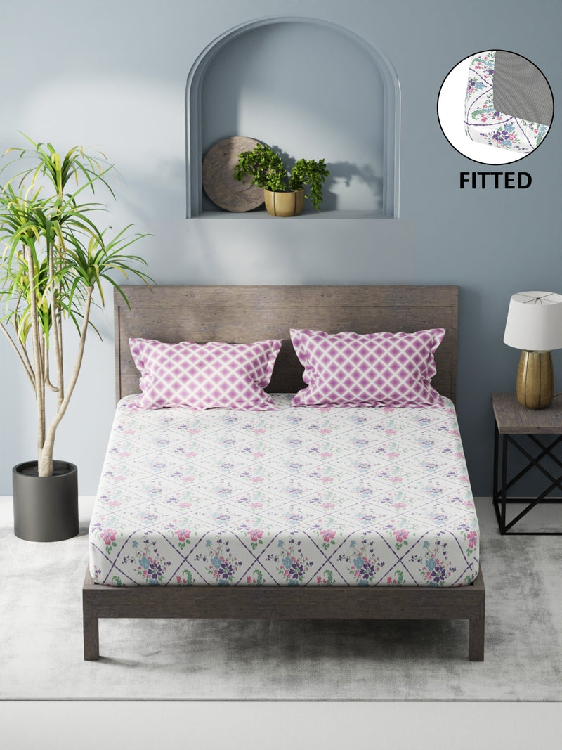 Bamboo Micro Fitted King Bedsheet With 2 Pillow Covers <small> (floral-white/violet)</small>