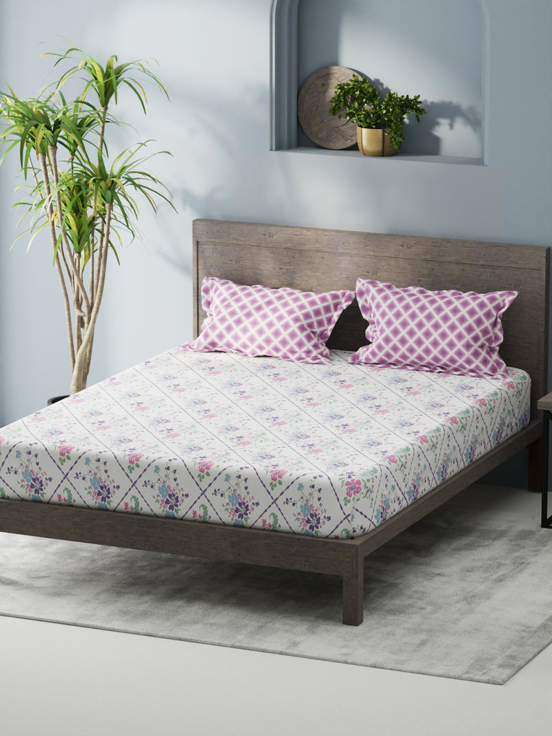 Bamboo Micro Fitted King Bedsheet With 2 Pillow Covers <small> (floral-white/violet)</small>